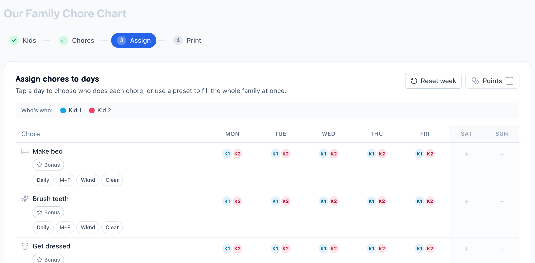 The Chore Chart Builder wizard showing its four steps — Kids, Chores, Assign and Print — with two demo children added to the chart.