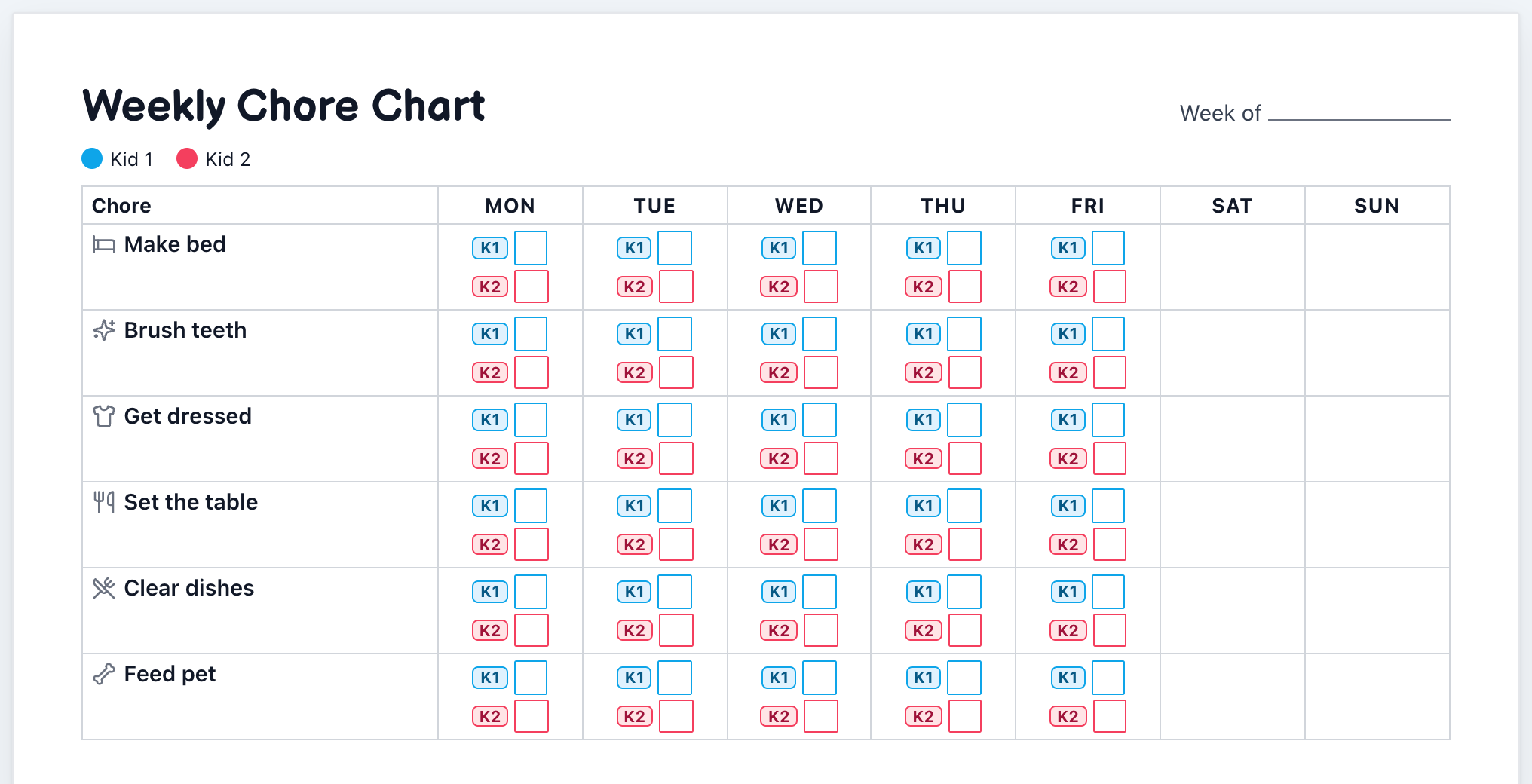 Print preview of the weekly family chart: a landscape grid with chores listed down the side, Monday to Sunday across the top, and both demo children marked on each weekday.