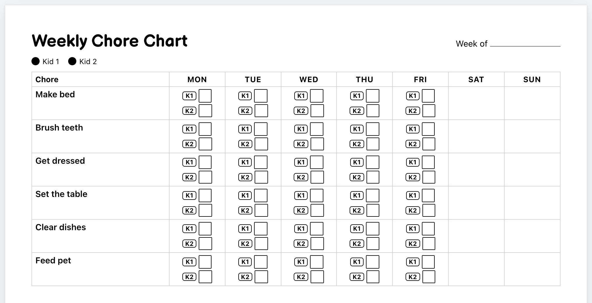 The same weekly family chart previewed in minimal-ink mode, with colour fills and icons removed so it prints black on white.