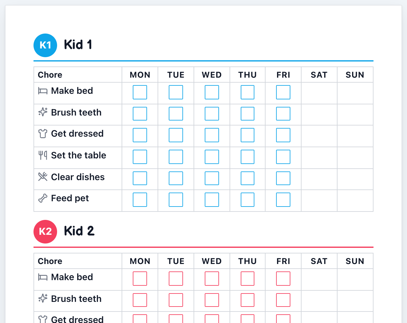 Print preview of the per-child layout: a portrait page headed with one demo child's name, listing only that child's chores for the week.